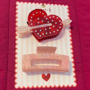NEW PIPER K 2 PACK BEAUTIFUL RHINESTONE HEART & PINK SPARKLE MARBLED HAIR CLIPS